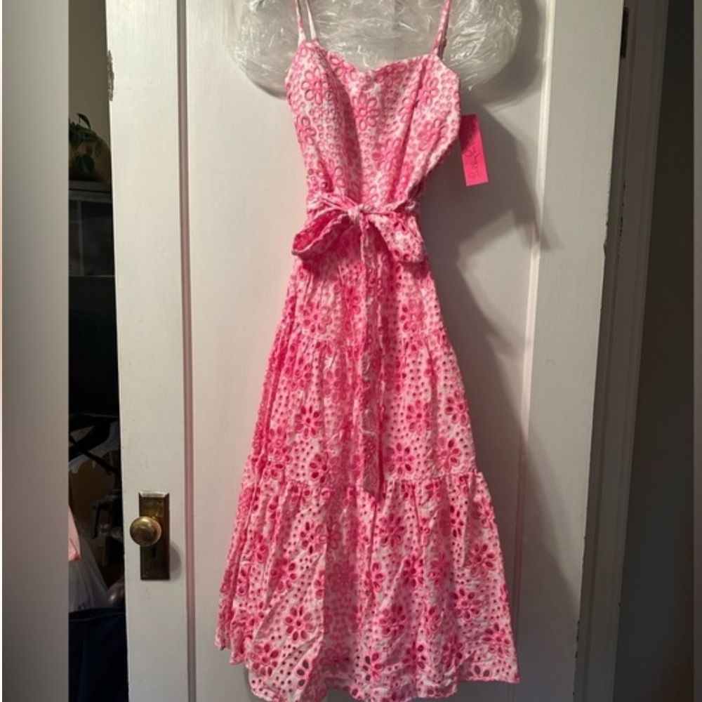 Lilly Pulitzer Edith Eyelet Midi Dress Soleil Pink Funflower Eyelet Size 10 - Picture 5 of 5